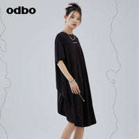 Odbo 時尚拼接短袖黑色連衣裙女夏季2022年新款寬鬆不規則衛衣裙